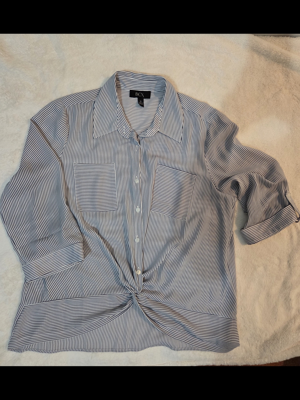BCX White and Blue Striped Casual Button-Down with Front Twist